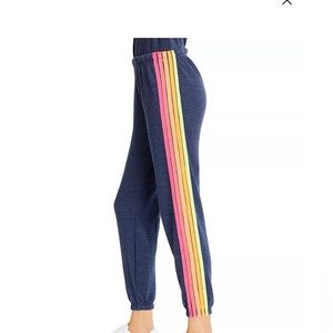 Size S Aviator Nation sweatpants in the color Heather Navy/neon stripe.